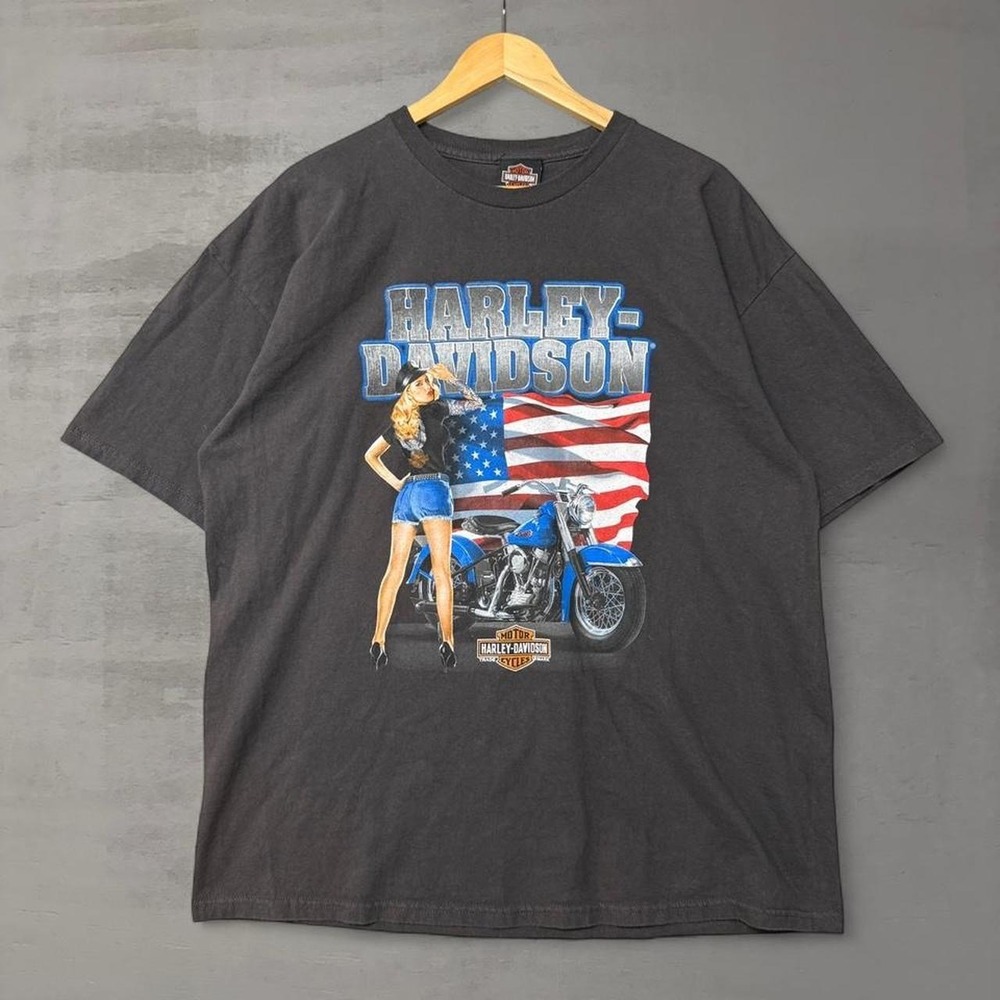 Harley Davidson Vintage Shirt Black Pin Up Girl American Flag Collierville TN XL